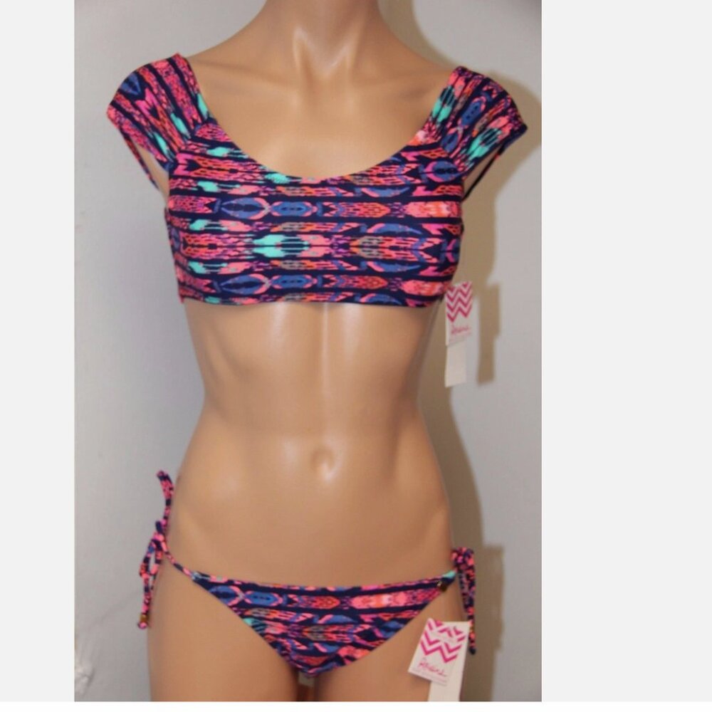 NWT Raisins Swimsuit Bikini 2pc set Sz L Tie Side Cheeky Stringer Island top